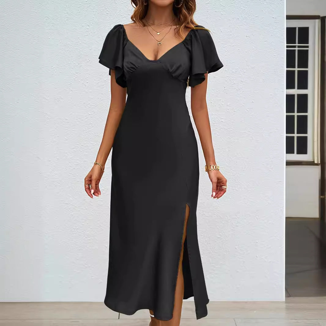 Damen Maxikleid mit eleganten Puffärmeln und seitlichem Schlitz EB