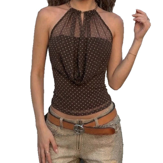 Damen Elegantes Neckholder-Top mit transparenten Akzenten und verspieltem Punkte-Design EB