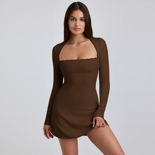 Damen Langärmeliges Minikleid mit elegantem Ausschnitt und Rippstruktur EB