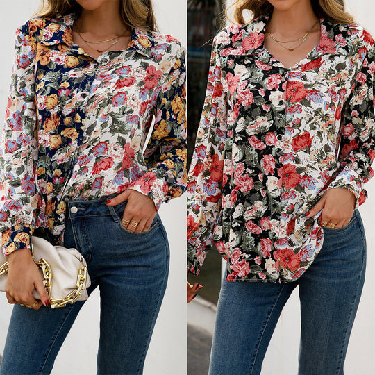 Damen elegante Bluse mit floralem Design und Knopfdetails EB