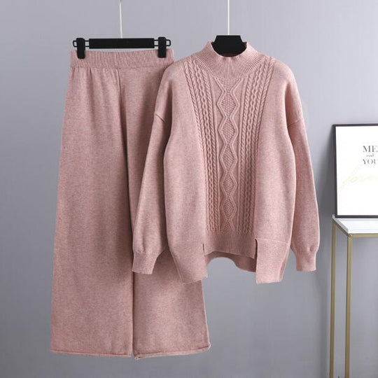 Damen eleganter Strickanzug mit hohem Kragen und farbenfrohem Muster EB