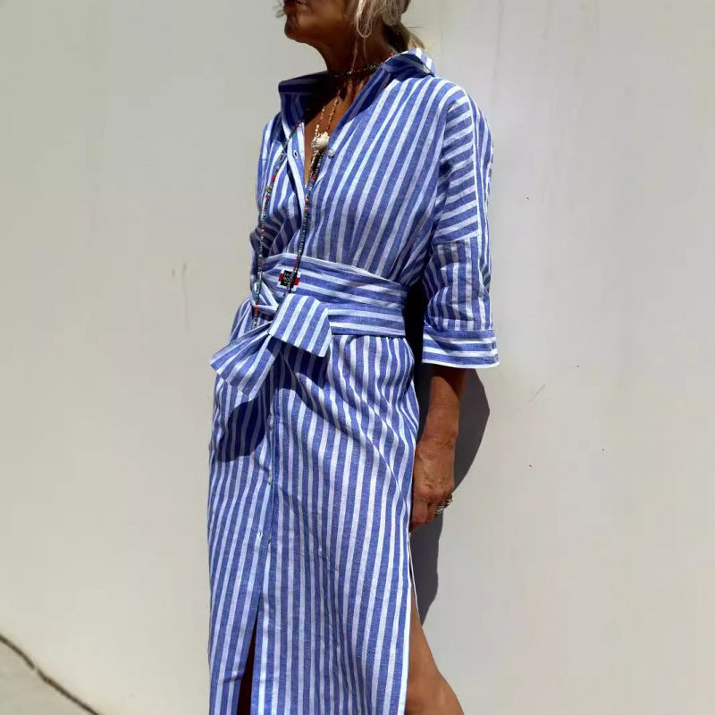 Damen Langarmhemd Kleid mit Gürtel und Streifen EB
