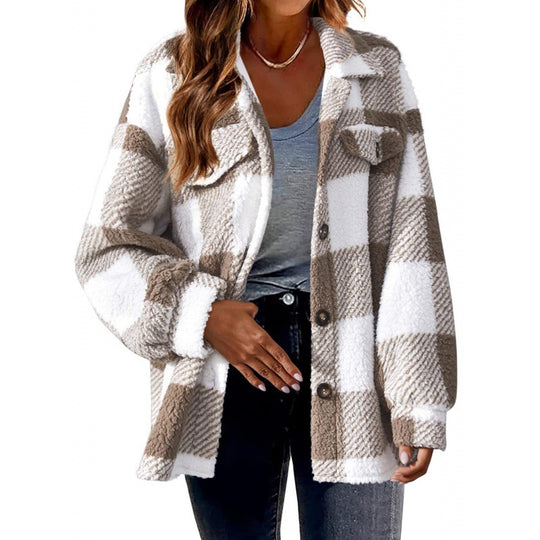 Damen Flauschige Karojacke mit Druckknopfverschluss und praktischen Taschen EB
