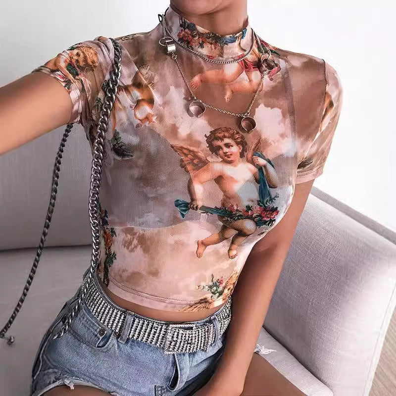 Damen Hochgeschlossenes Crop-Top mit romantischem Engelmotiven EB