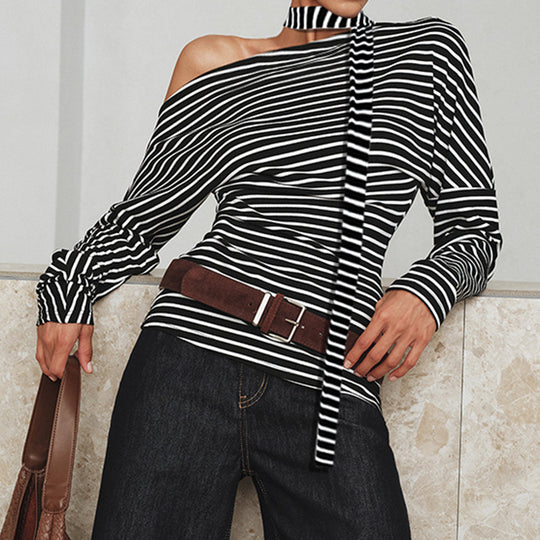 Damen asymmetrisches Langarmshirt mit modischen Streifen und Neckholder EB