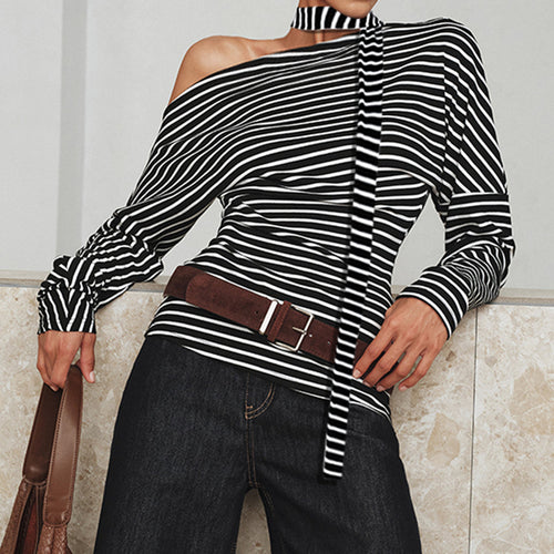 Damen asymmetrisches Langarmshirt mit modischen Streifen und Neckholder EB
