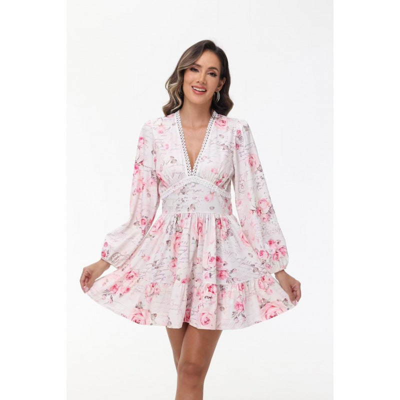 Damen Boho-florales Minikleid mit V-Ausschnitt und Puffärmeln EB