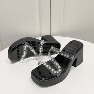 Damen elegante Plateau-Pantoletten mit Strass-Verzierungen EB