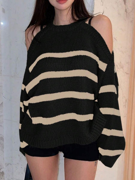 Damen Off-Shoulder Strickpullover mit breiten Streifen EB