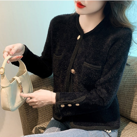 Damen elegante Strickjacke mit goldenen Knöpfen EB
