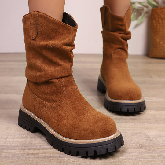 Damen weiche Wildleder-Stiefel mit lässigem Faltenlook und robuster Profilsohle EB