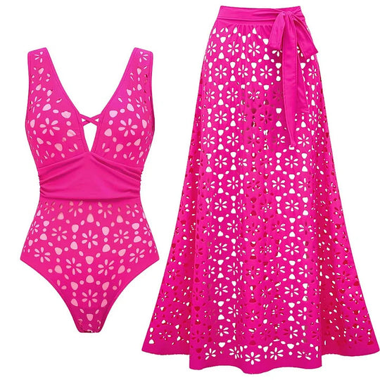 Damen Badeanzug und Rock mit floralen Ausschnitten EB