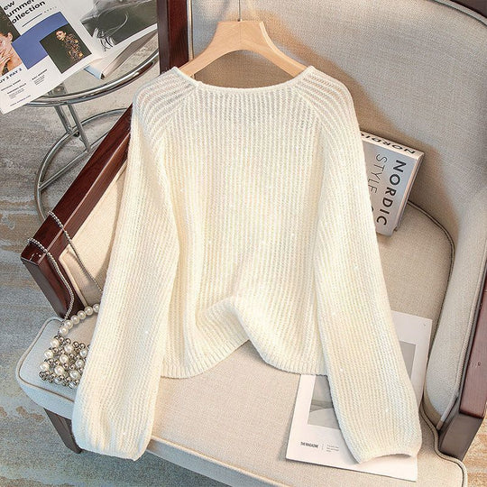 Damen lässiger Pullover mit Off-Shoulder Design und funkelnden Details EB