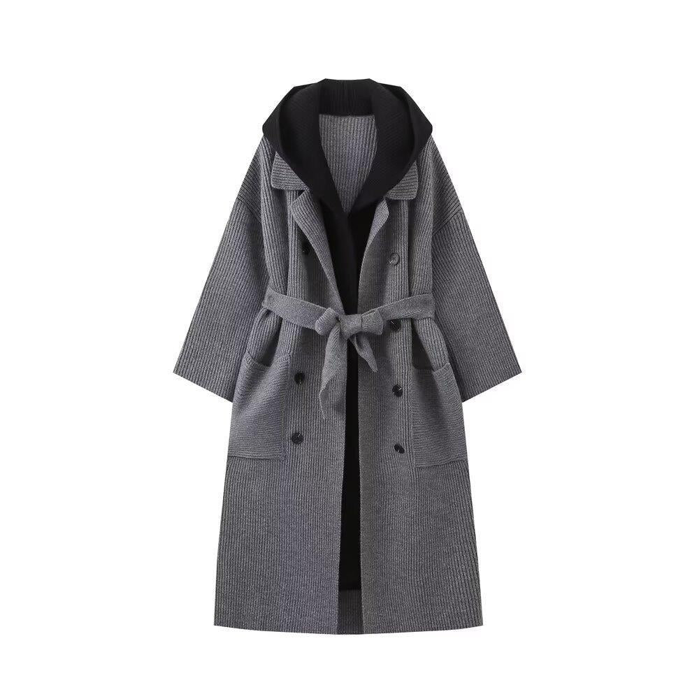 Damen lässiger Longcardigan mit bindbarem Taillengürtel und zweilagigem Kragen EB