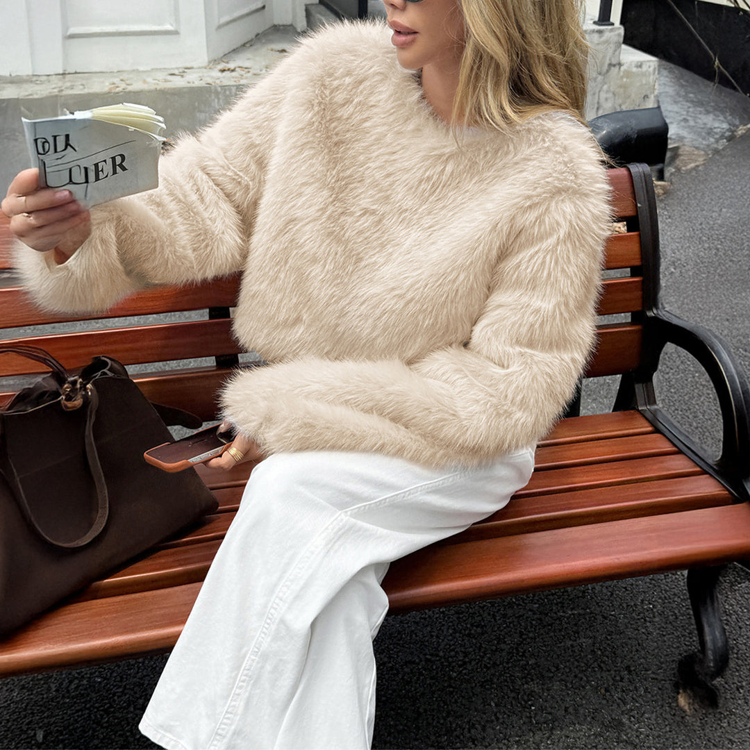 Damen nan kuscheliger Cropped-Faux-Fur-Pullover mit ausgestellten Ärmeln EB