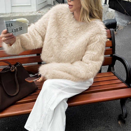 Damen nan kuscheliger Cropped-Faux-Fur-Pullover mit ausgestellten Ärmeln EB