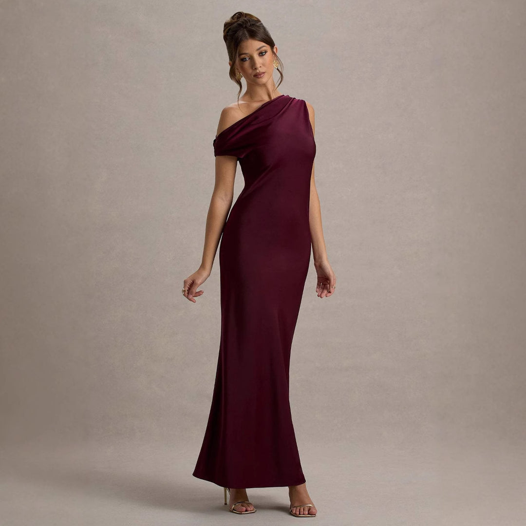 Damen elegantes, schulterfreies Maxi-Kleid mit fließendem Schnitt und Raffungen EB
