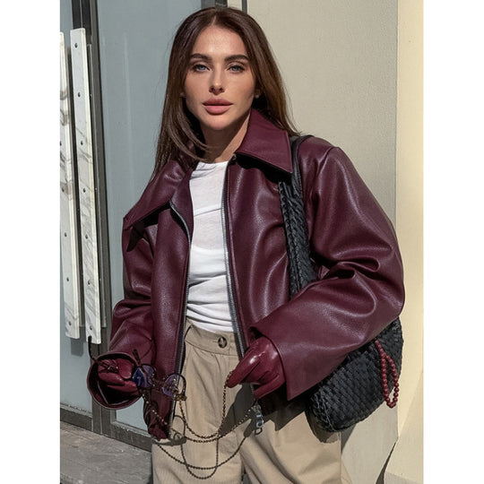 Damen Kunstlederjacke mit Oversized-Schnitt und klassischem Kragen EB