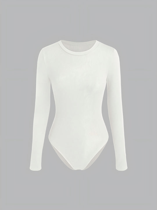 Damen Figurnahes geripptes Langarm-Basicshirt mit Rundhalsausschnitt und Stretch EB