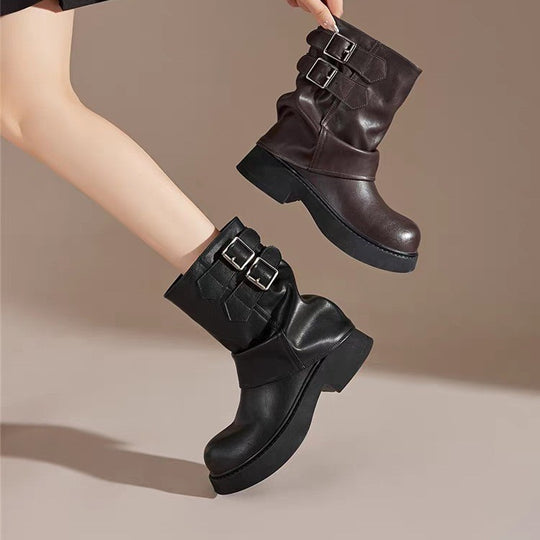 Damen modische Stiefeletten mit verstellbaren Riemen und robuster Sohle EB