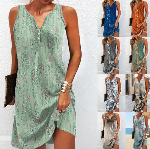 Damen, lässiges Sommerkleid mit V-Ausschnitt und asymmetrischem Saum EB