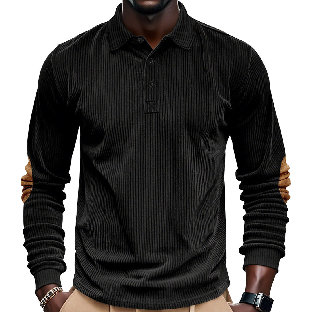 Herren nan geripptes Langarm-Poloshirt mit Henley-Knopfleiste und veloursähnlichen Ellbogenpatches EB