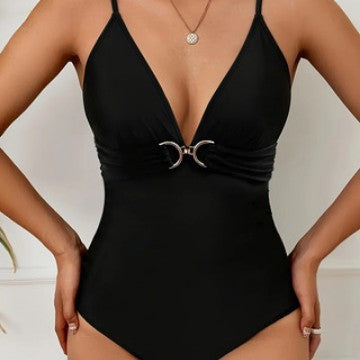 Damen Einteiler Badeanzug mit elegantem V-Ausschnitt und modischem Raffungselement EB