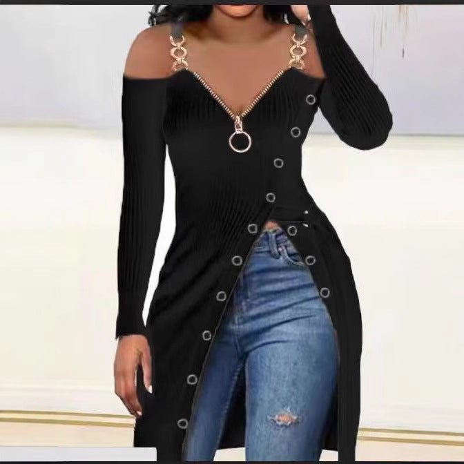 Damen Figurbetontes V-Ausschnitt Kleid mit Zipper und Schmuckdetails EB