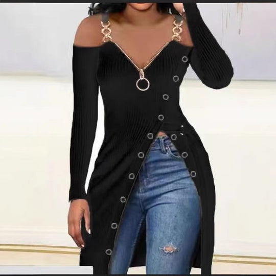 Damen Figurbetontes V-Ausschnitt Kleid mit Zipper und Schmuckdetails EB