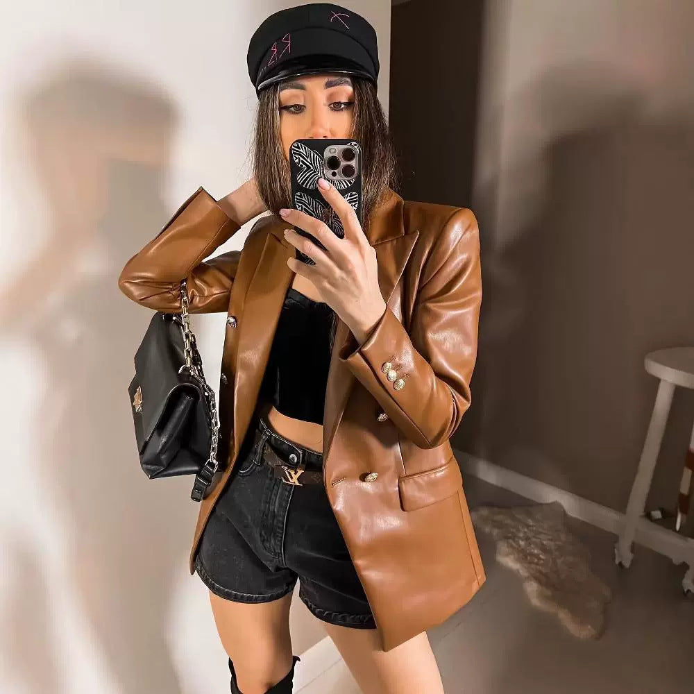 Damen Doppelreihige Kunstlederblazer EB