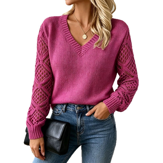 Damen Kuschelstrickpullover mit V‑Ausschnitt und Durchbruchärmeln EB