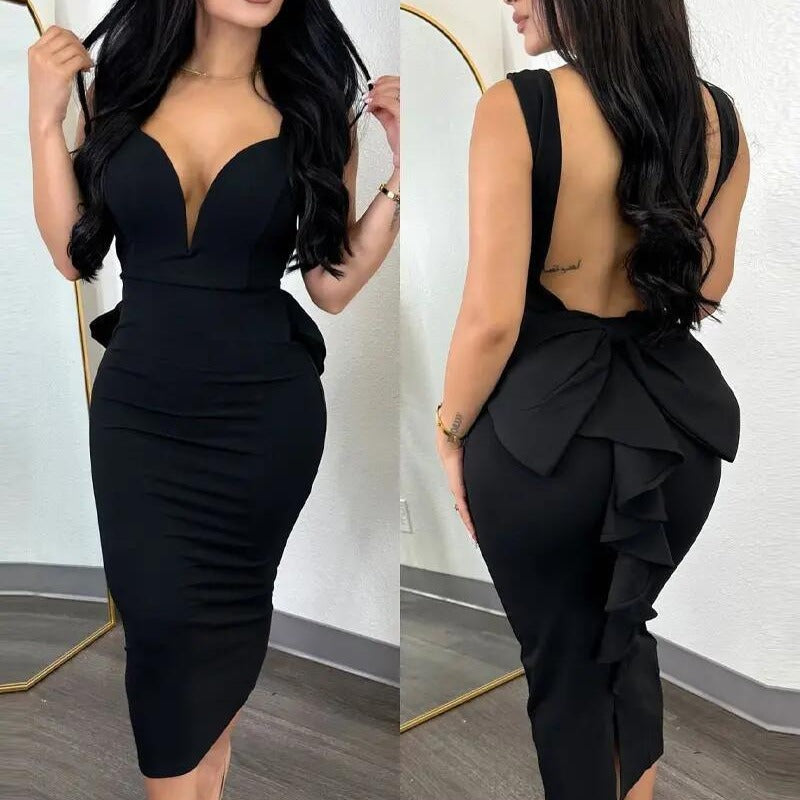 Damen figurbetontes Midikleid mit tiefem V-Ausschnitt und peplum Saum EB