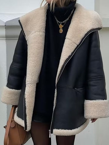 Damen Kunstlederjacke mit kuscheligem Innenfutter und hohem Kragen EB