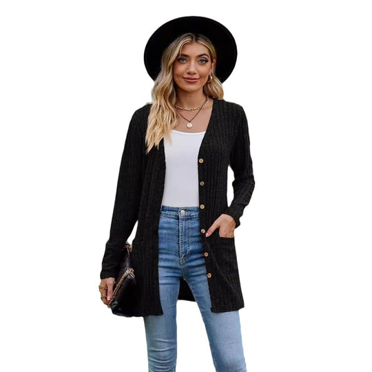 Damen nan langer gerippter Strickcardigan mit Eingrifftaschen und Holzknöpfen EB
