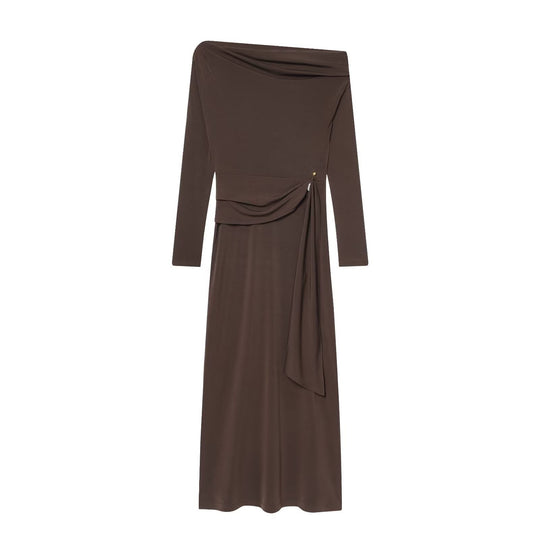 Damen elegantes Maxikleid mit asymmetrischem Ausschnitt und dekorativer Drapierung EB