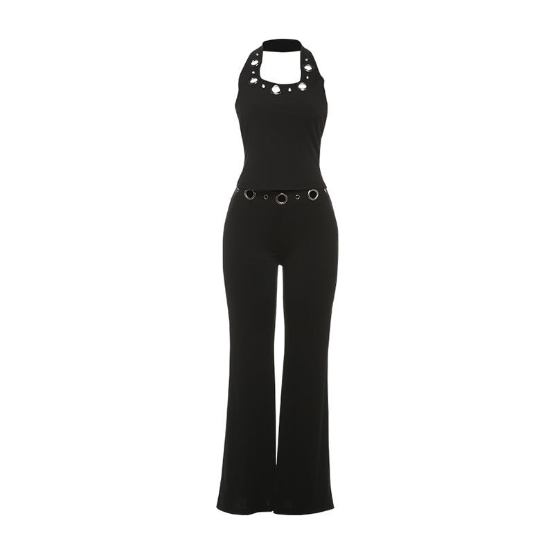 Damen Modischer Jumpsuit mit dekorativem Halterkragen und Gürteldetails EB