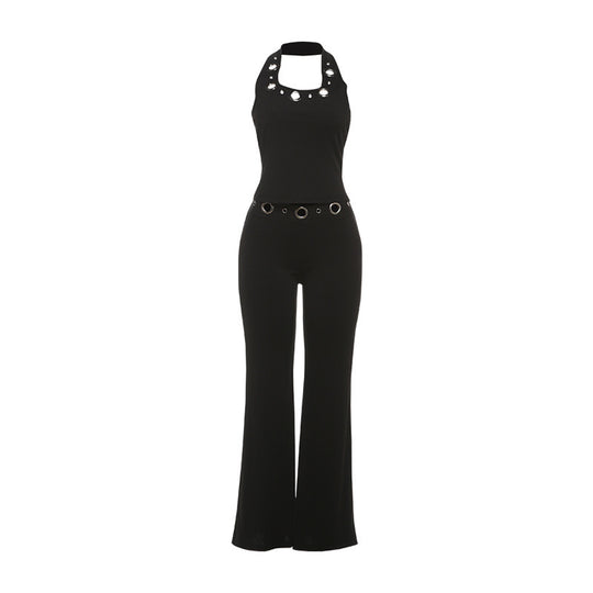Damen Modischer Jumpsuit mit dekorativem Halterkragen und Gürteldetails EB