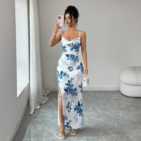 Damen Maxi-Kleid mit seitlichem Schlitz und blumigem Design EB