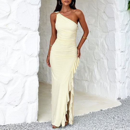 Damen Raffung Maxikleid mit asymmetrischem Ausschnitt und verspieltem Rüschendesign EB