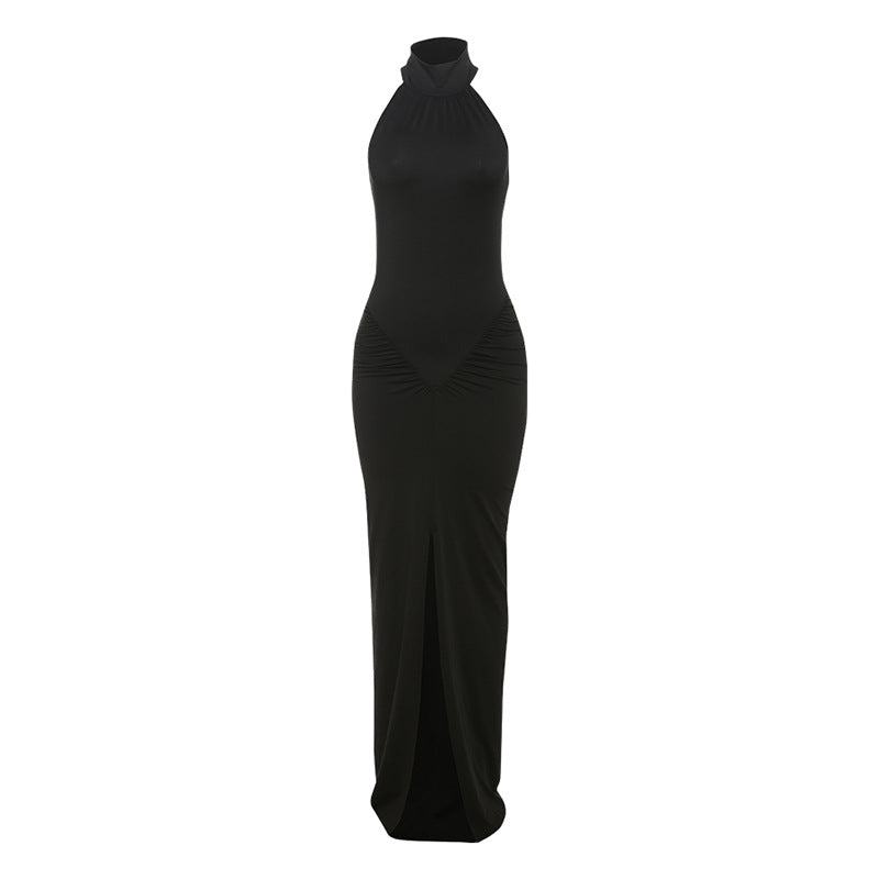 Damen Elegantes Langkleid mit Choker-Ausschnitt und Raffungen EB