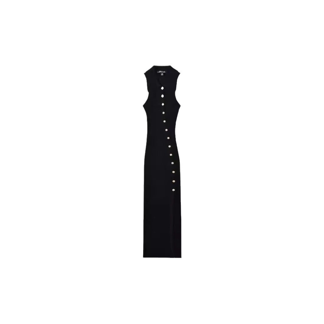 Damen Elegantes Kleid mit Knopfleiste und hohem Schlitz EB