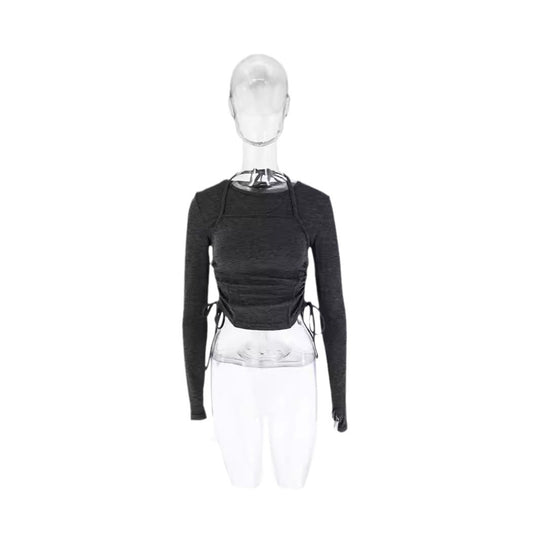 Damen Langarm Crop-Top mit verstellbarem Kordelzug EB
