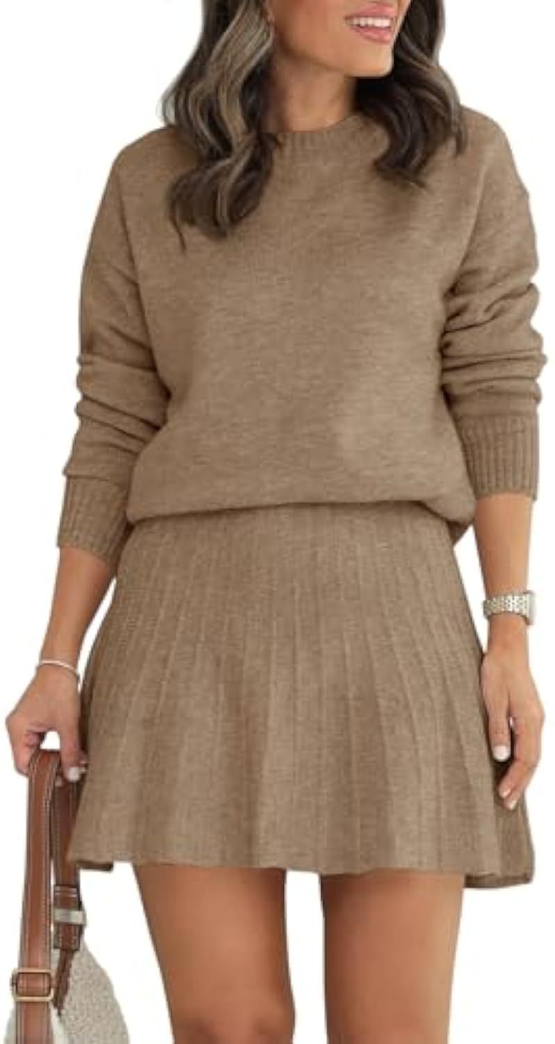 Damen Zweiteiliges Strick-Set mit Rundhals-Pullover und Plissée-Minirock EB