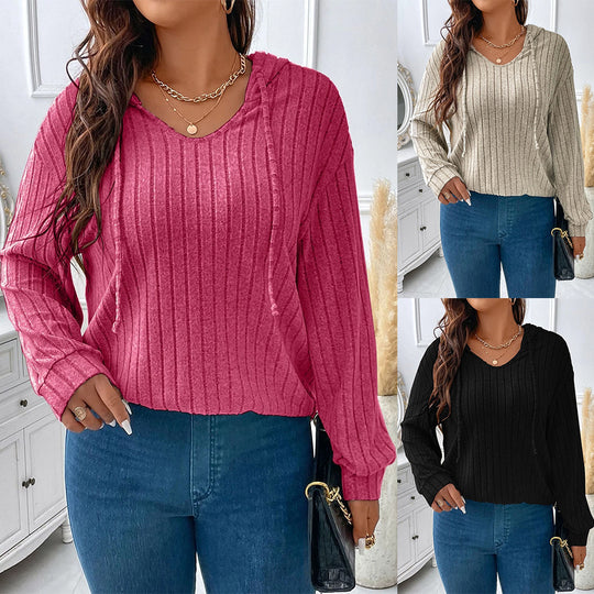 Damen nan gerippter Kapuzenpullover aus Feinstrick mit V-Ausschnitt EB