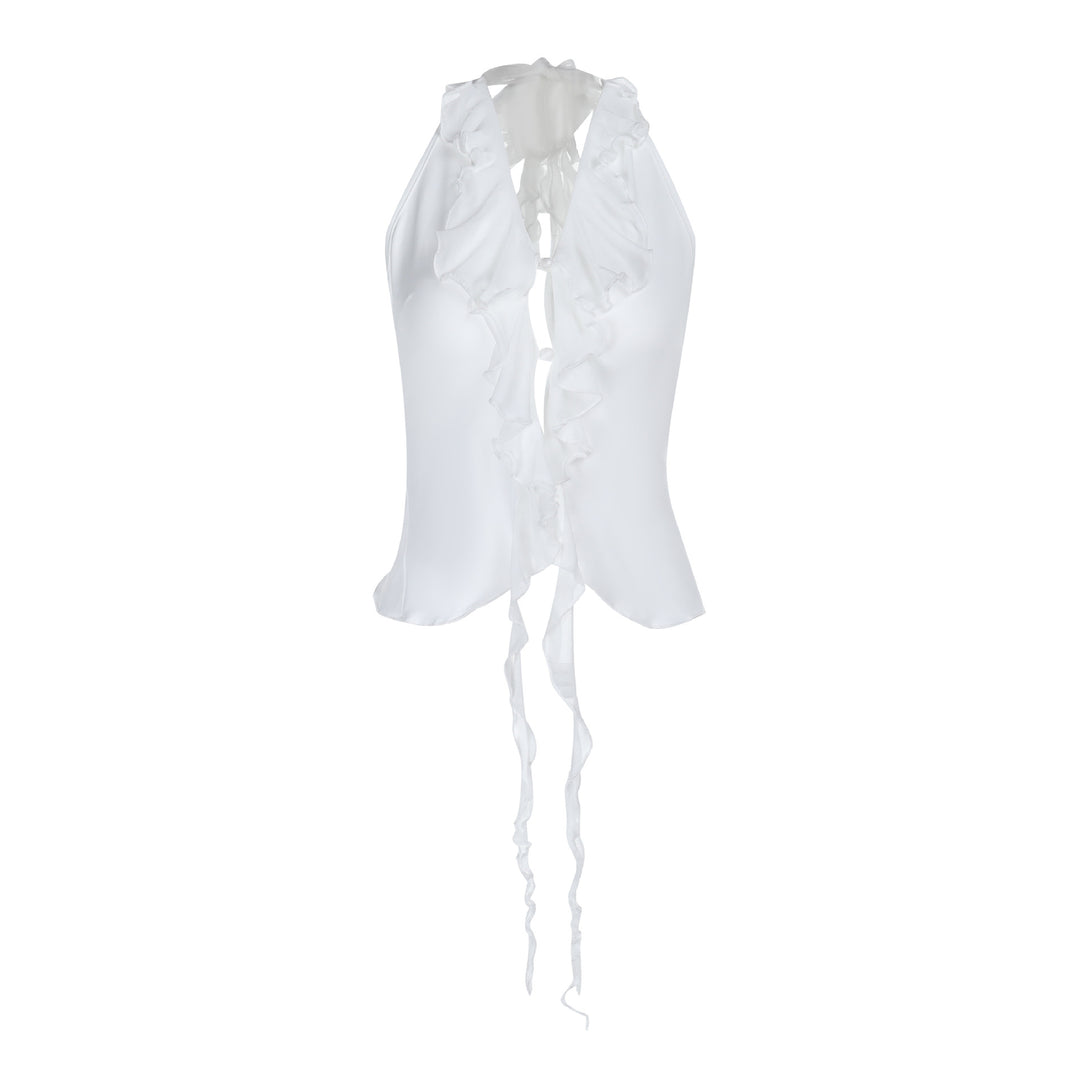 Damen elegantes Rüschenoberteil mit tiefem V-Ausschnitt und feinem Satin EB