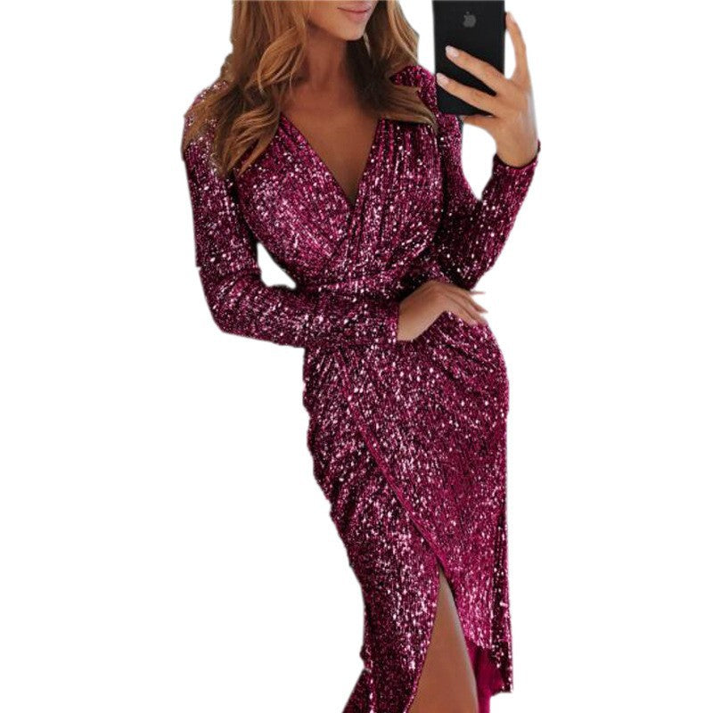Damen nan glitzerndes Wickel-Midikleid mit V-Ausschnitt langen Ärmeln seitlichem Beinschlitz EB