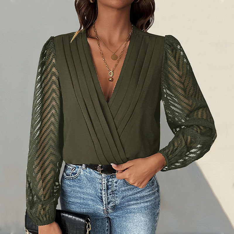 Damen elegantes Body mit voluminösen Ärmel und tiefem V-Ausschnitt EB