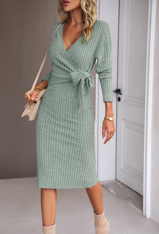 Damen Rippstrick-Wickelmidikleid mit Taillenschleife EB