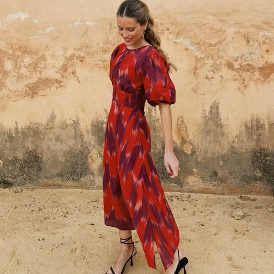 Damen Maxikleid mit eleganter Raffung und modernen Puffärmeln EB