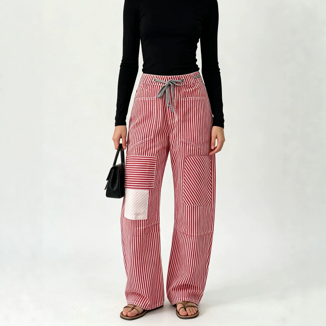 Damen nan High‑Waist Relaxed‑Hose mit vertikalem Streifenmuster, aufgesetzten Knie‑Patches und Kordelzug EB